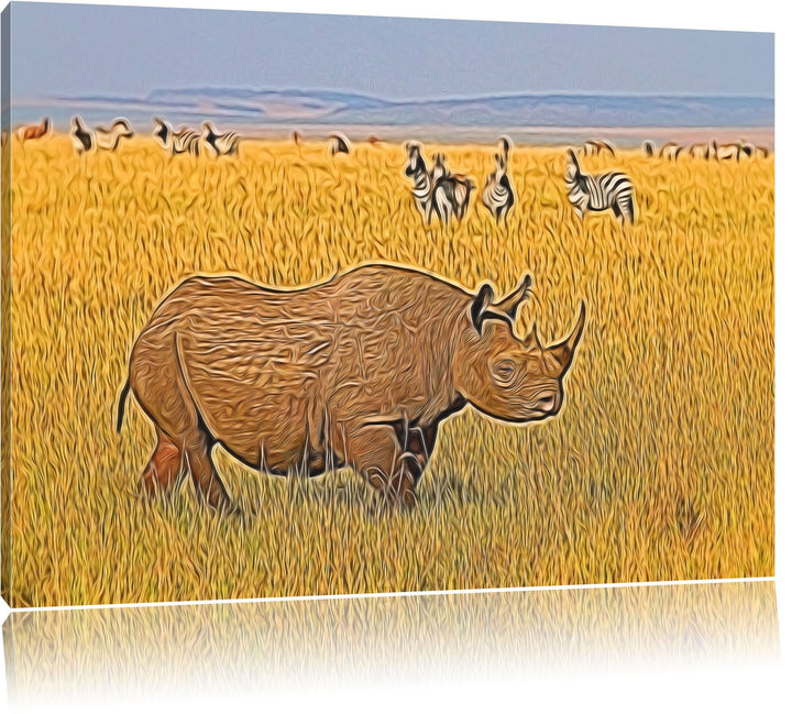 grosses Nashorn mit Zebrahorde Spezial Format: 100x70 cm auf Leinwand, XXL riesige Bilder fertig ger