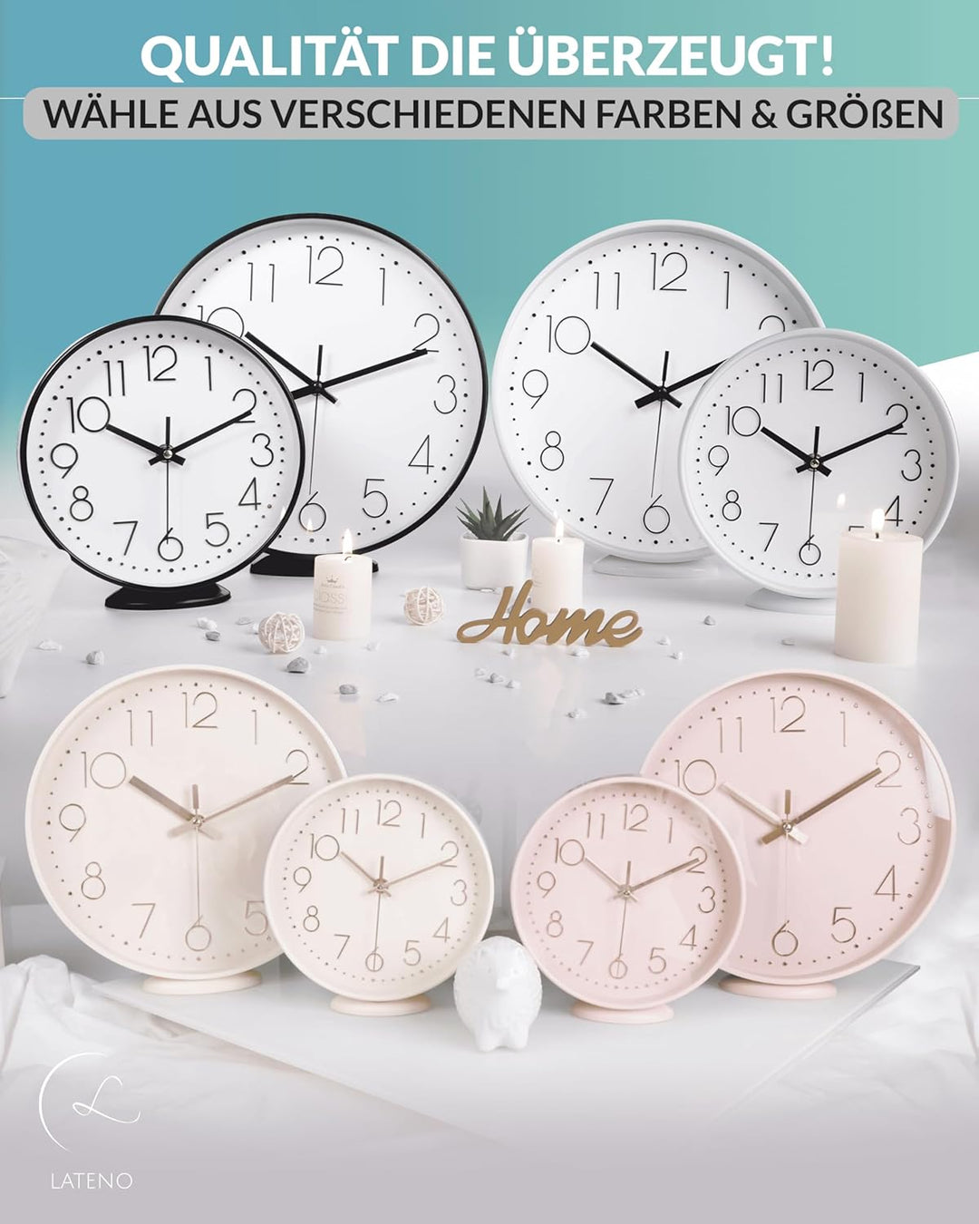 LATENO - Wanduhr ohne Tickgeräusche - Analoge Wanduhr 20 cm zum Aufhängen & Hinstellen - Wanduhr lau
