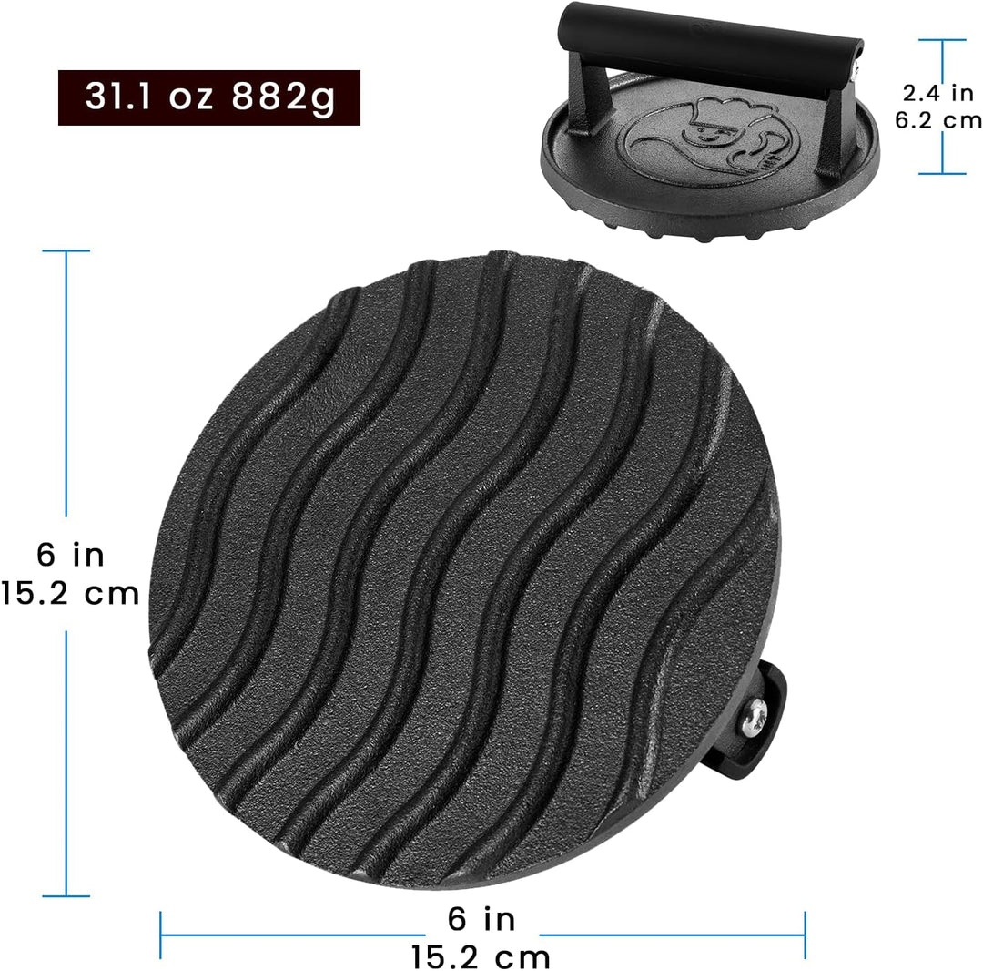 Burgerpresse Gusseisen antihaft | Grosser Burger Smasher (Ø15cm) mit hitzeabweisendem Griff | Fleisc