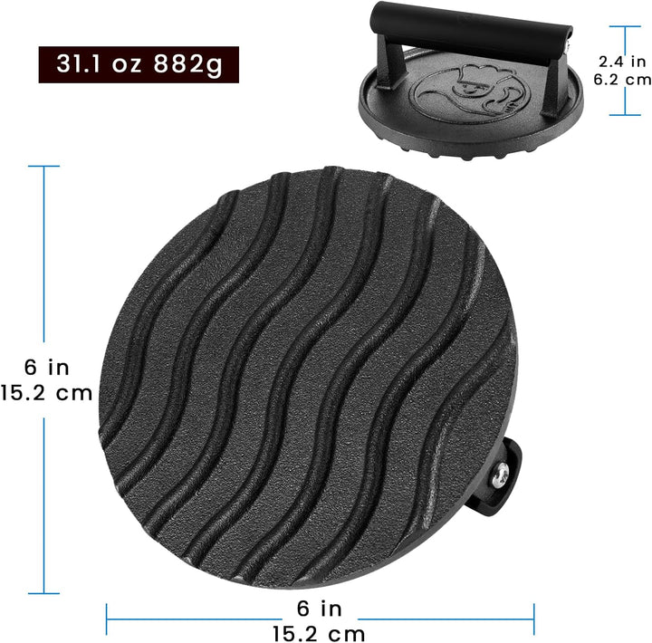 Burgerpresse Gusseisen antihaft | Grosser Burger Smasher (Ø15cm) mit hitzeabweisendem Griff | Fleisc