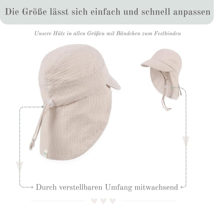 Petinard Label Musselin Schirmütze Sonnenhut mit Nacken- und Ohrenschutz UV-Schutz (UPF 50+) für Bab