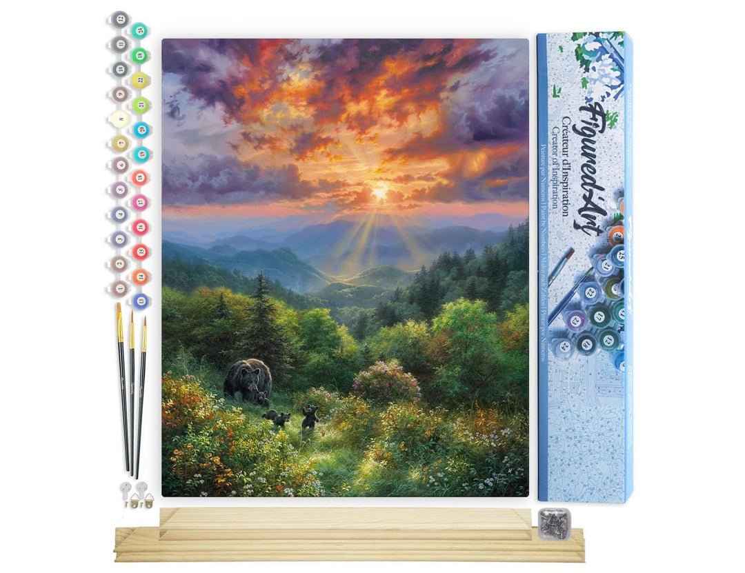 Figured'Art Malen Nach Zahlen Erwachsene Mit Rahmen Bär und Sonnenuntergang - Paint by Numbers Baste