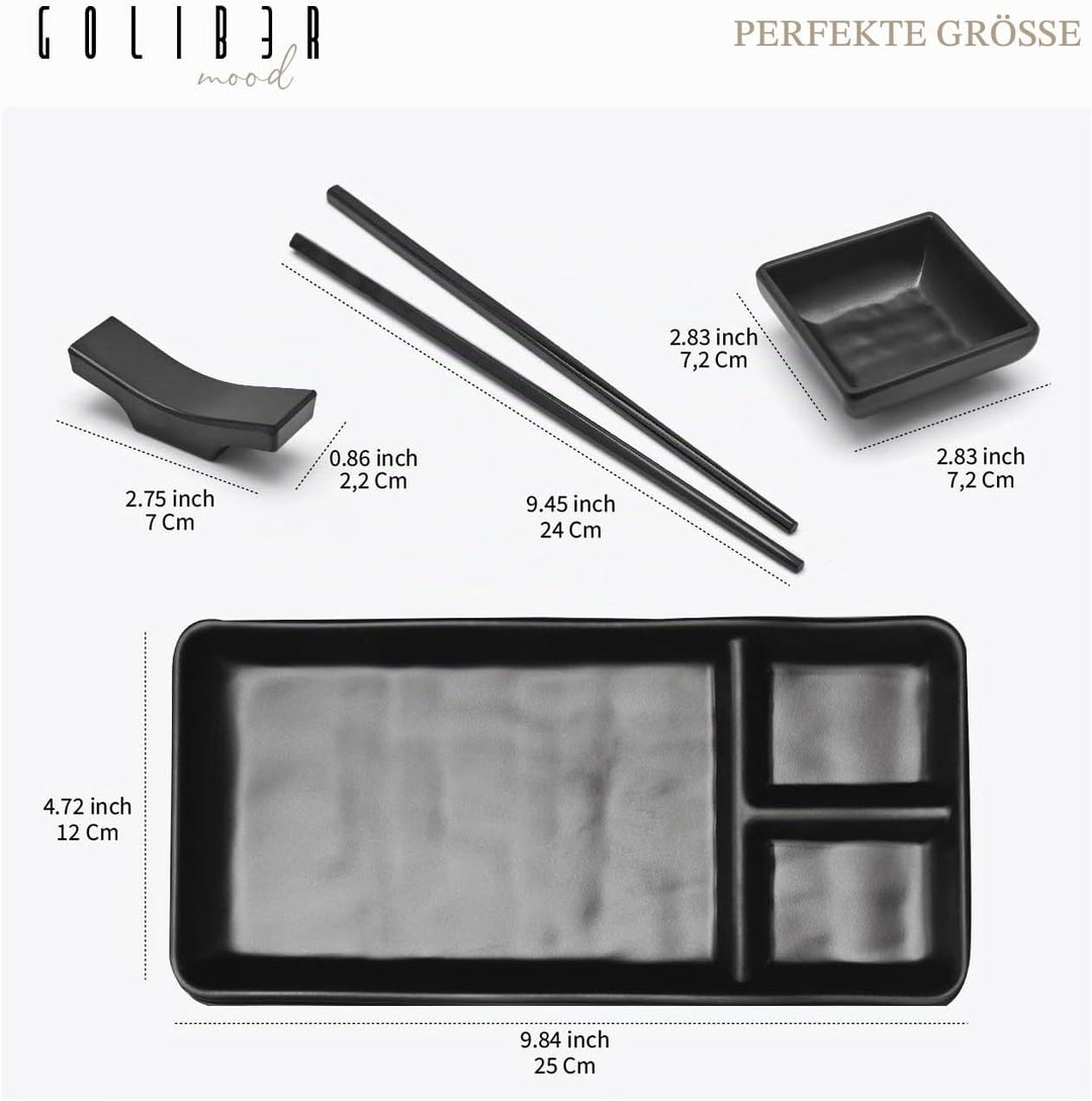 Goliber Japanisches Melamine Sushi Geschirr Set (8pcs) - Enthält 2 Schwarzes Geschirr, 2 Sossenschäl