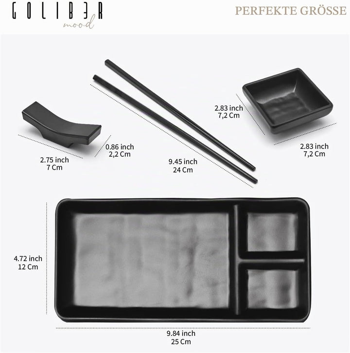 Goliber Japanisches Melamine Sushi Geschirr Set (8pcs) - Enthält 2 Schwarzes Geschirr, 2 Sossenschäl