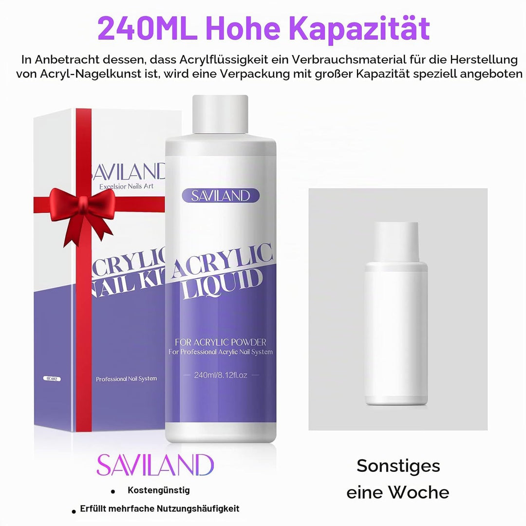 SAVILAND Acryl Liquid für Nägel – 240ML Acryl Liquid mit 3 Acryl Pinsel Grösse (8/10/14) für Acryl A
