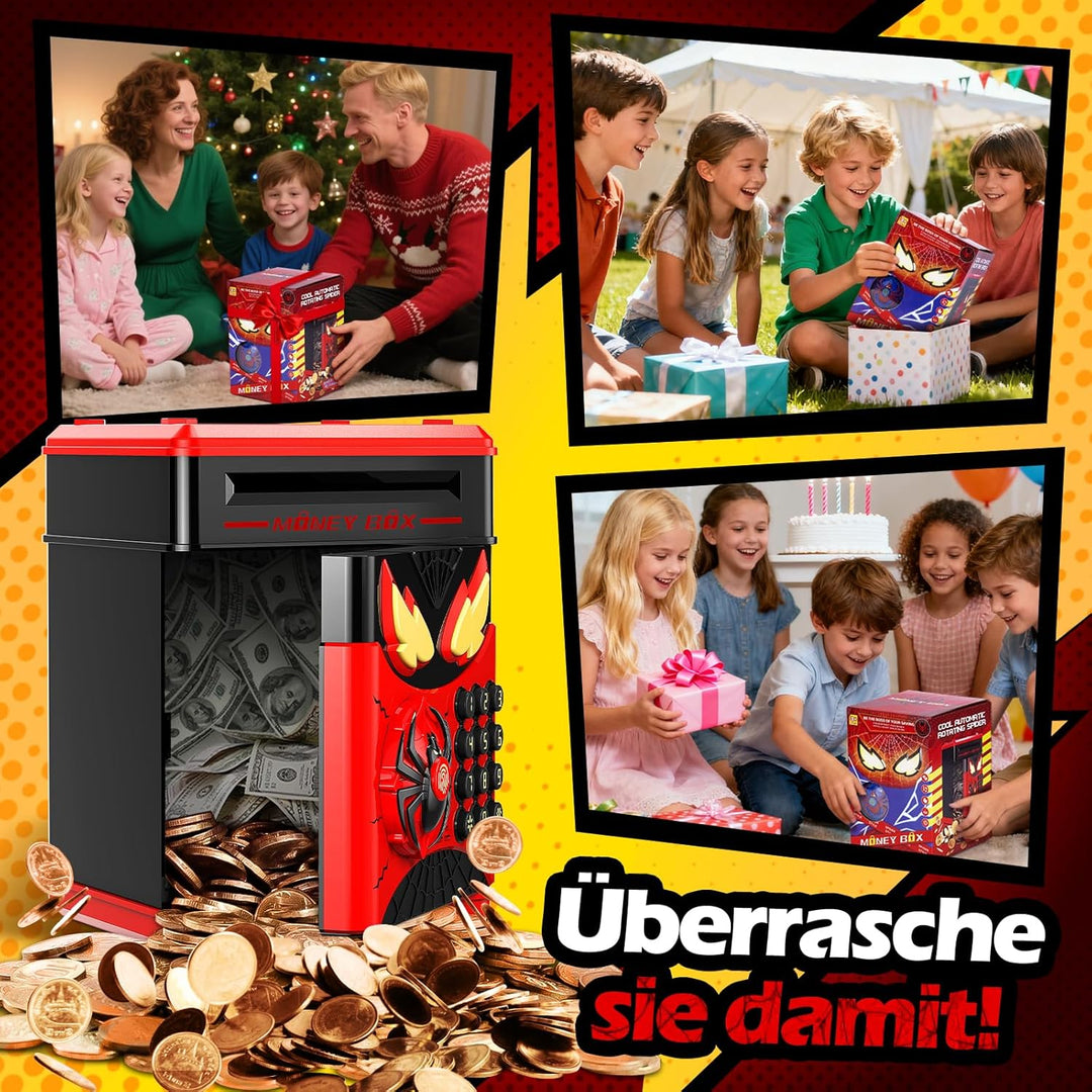 Spardose Kinder Tresor,Tresor Kinder mit 3D Spinnen Design und interaktivem Fingerabdrucksensor,Elek
