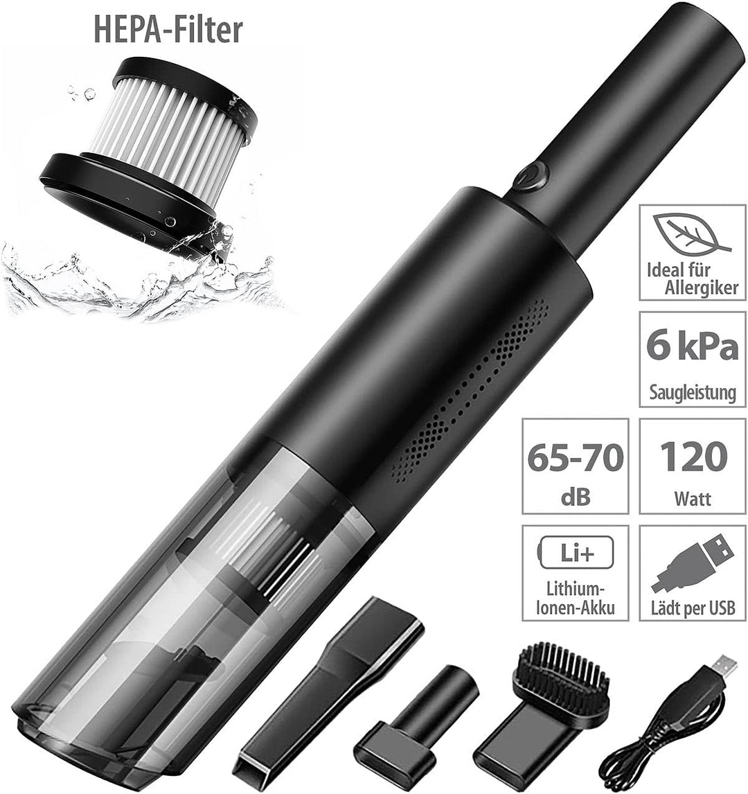 Sichler Haushaltsgeräte Handstaubsauger klein: Kompakter Akku-Handstaubsauger mit HEPA, 6 kPa, 120 W