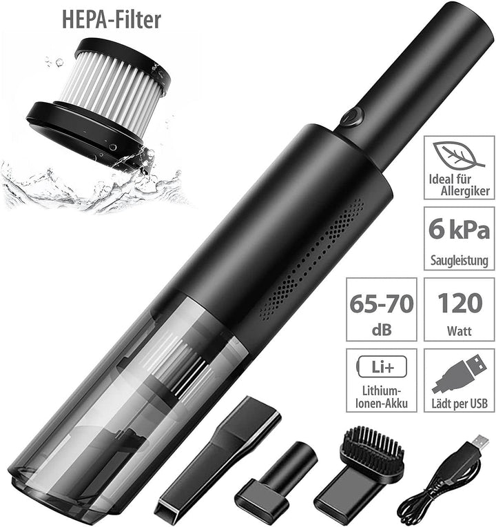 Sichler Haushaltsgeräte Handstaubsauger klein: Kompakter Akku-Handstaubsauger mit HEPA, 6 kPa, 120 W