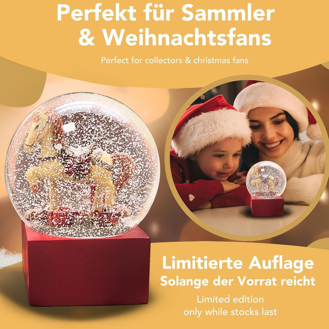 Weihnachts-Schneekugel | Schaukelpferd mit Geschenken | Farbe rot Gold | 100mm breit, 120mm hoch | B