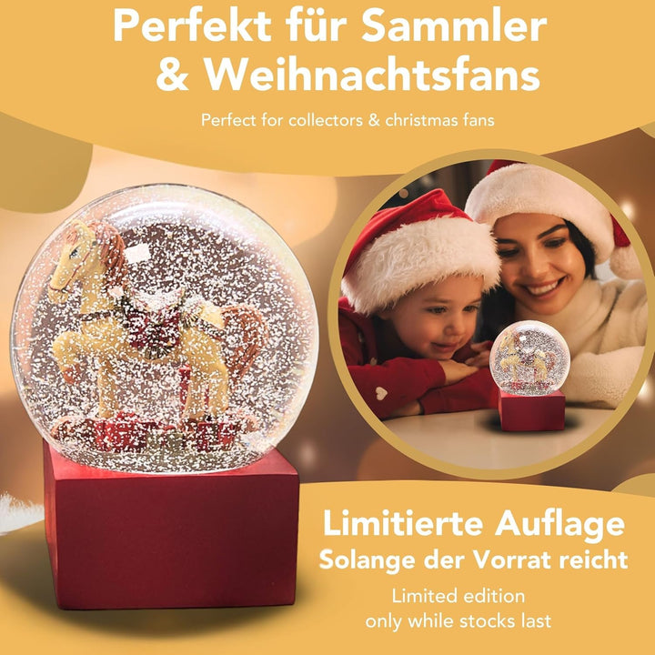 Weihnachts-Schneekugel | Schaukelpferd mit Geschenken | Farbe rot Gold | 100mm breit, 120mm hoch | B