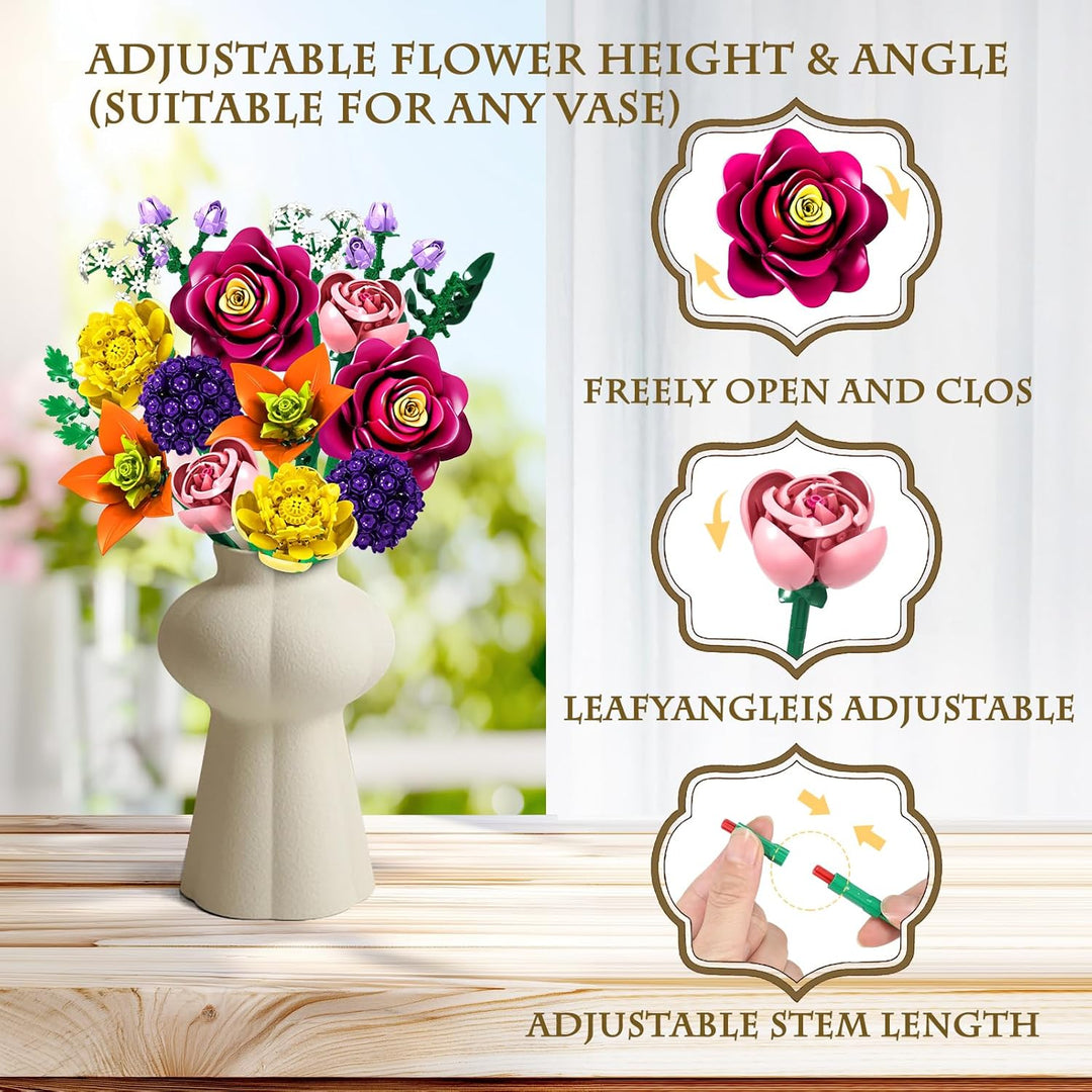 KOJAYHOL Blumen Steine Set, 933 Teile Künstlicher Blumenstrauss, Ewig Blühendes DIY Bausatz, Einziga