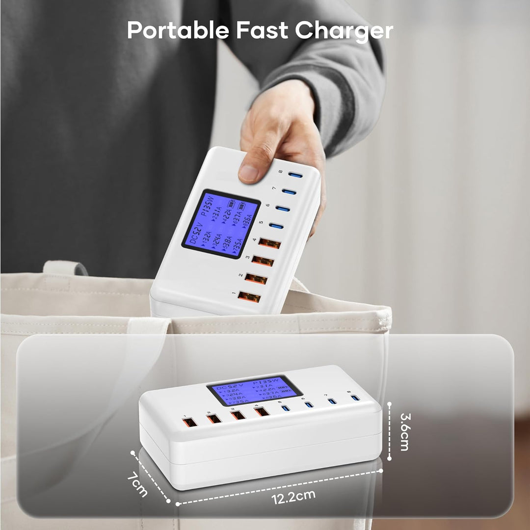 152W Mehrfach Ladegerät Mit LCD Digitalanzeige, 4 USB-A und 4 USB-C Schnellladegerät, Netzteil für i