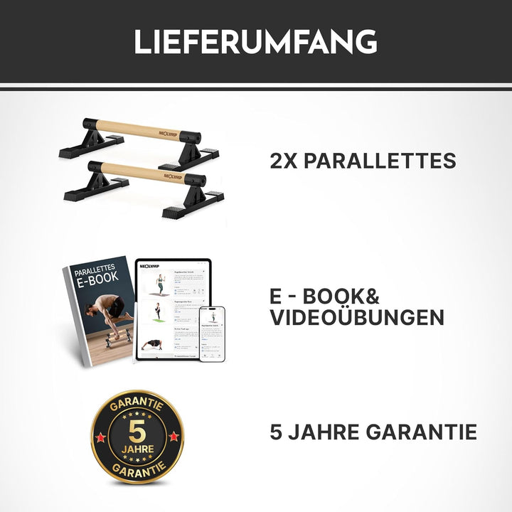 NEOLYMP 2er Set handgelenkschonende Holz Liegestützgriffe mit Calisthenics-Übungen - handgefertigten