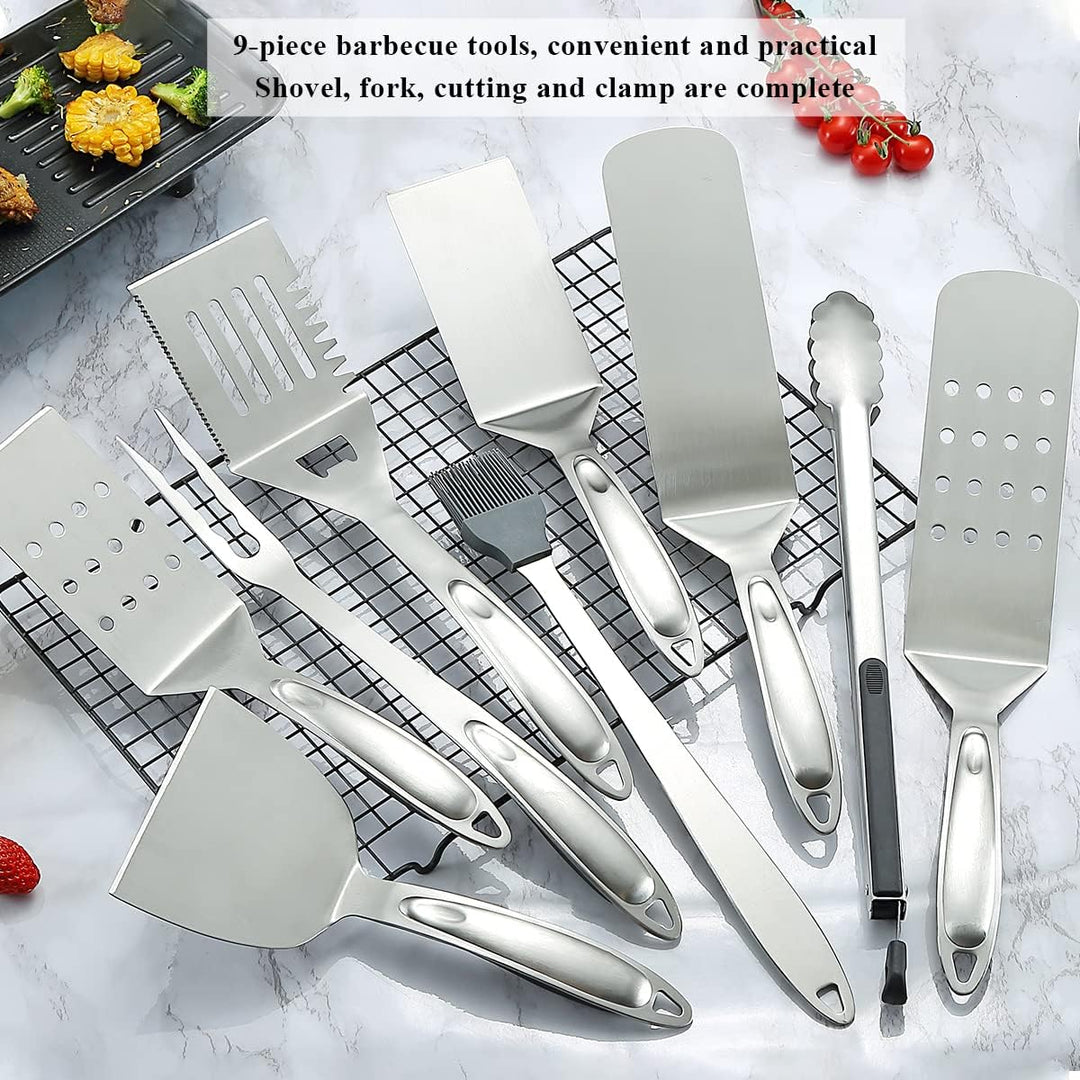 Kyraton Grill Zubehör Kit 9 teilig, Grill Zubehör Werkzeug Set, Edelstahl mit Bakelit Griff, Hitzebe