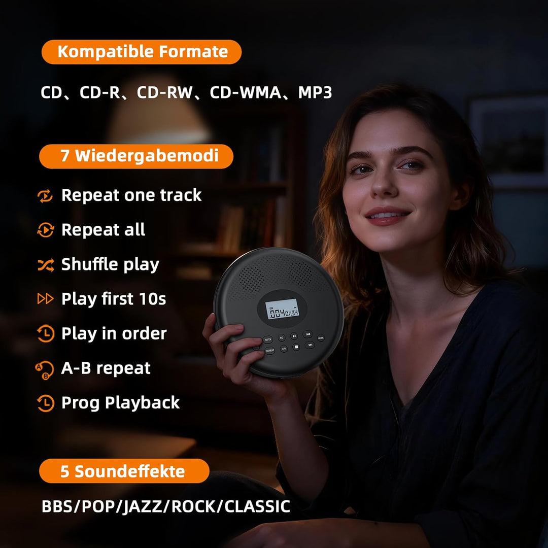 Arafuna Tragbarer CD-Player, CD Player Bluetooth Mit wiederaufladbarem Akku/Lautsprechern/Kopfhörern