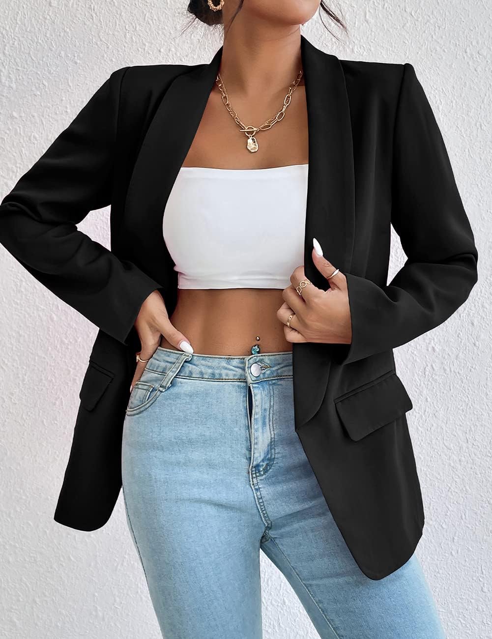 Damen Blazer Langer Casual Open Front Blazer Arbeit Büro Jacken mit Taschen Schwarz XS, Schwarz XS