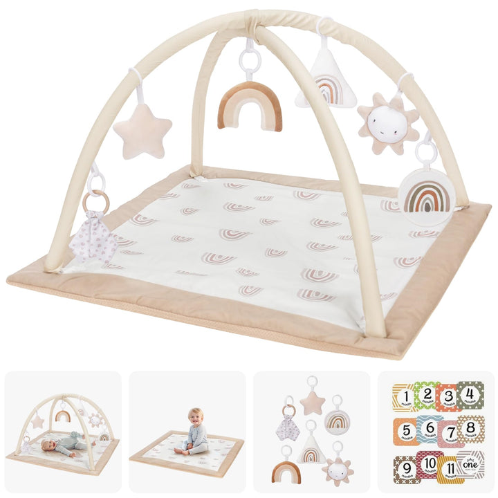 Mallify - Spielmatte für Babys mit Krabbeldecke, 6 abnehmbaren sensorischen Spielzeugen und 12 bunte