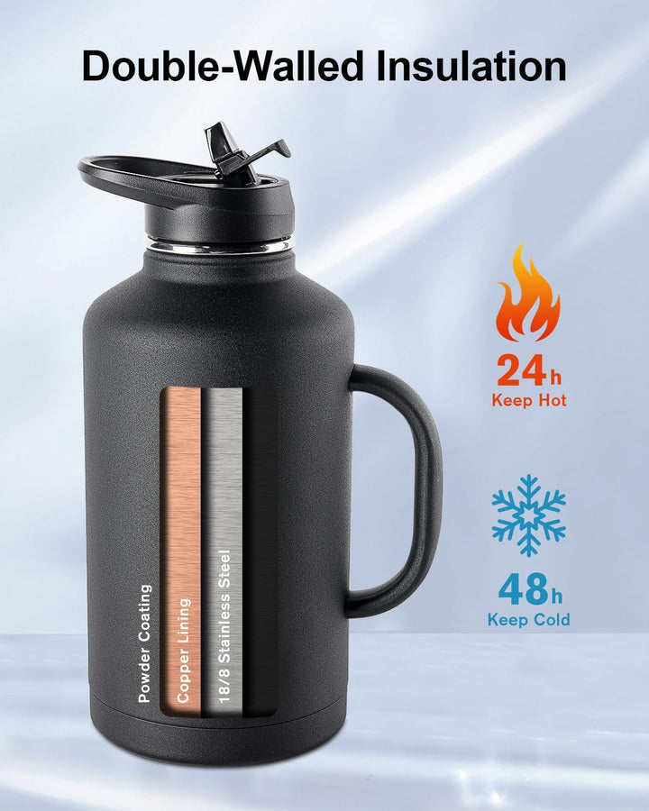 Trebo 1,8 l Wasserflasche isoliert mit Strohhalm und 2 Deckeln, doppelwandig, Vakuum, Edelstahl, Met