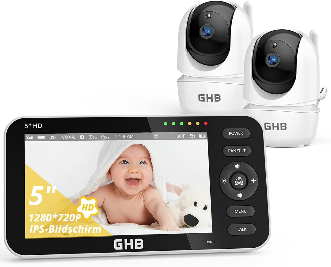 GHB Babyphone mit 2 Kameras 5 Zoll 720P HD IPS-Display Babyphone Kamera VOX-Modus Gegensprechen Nach