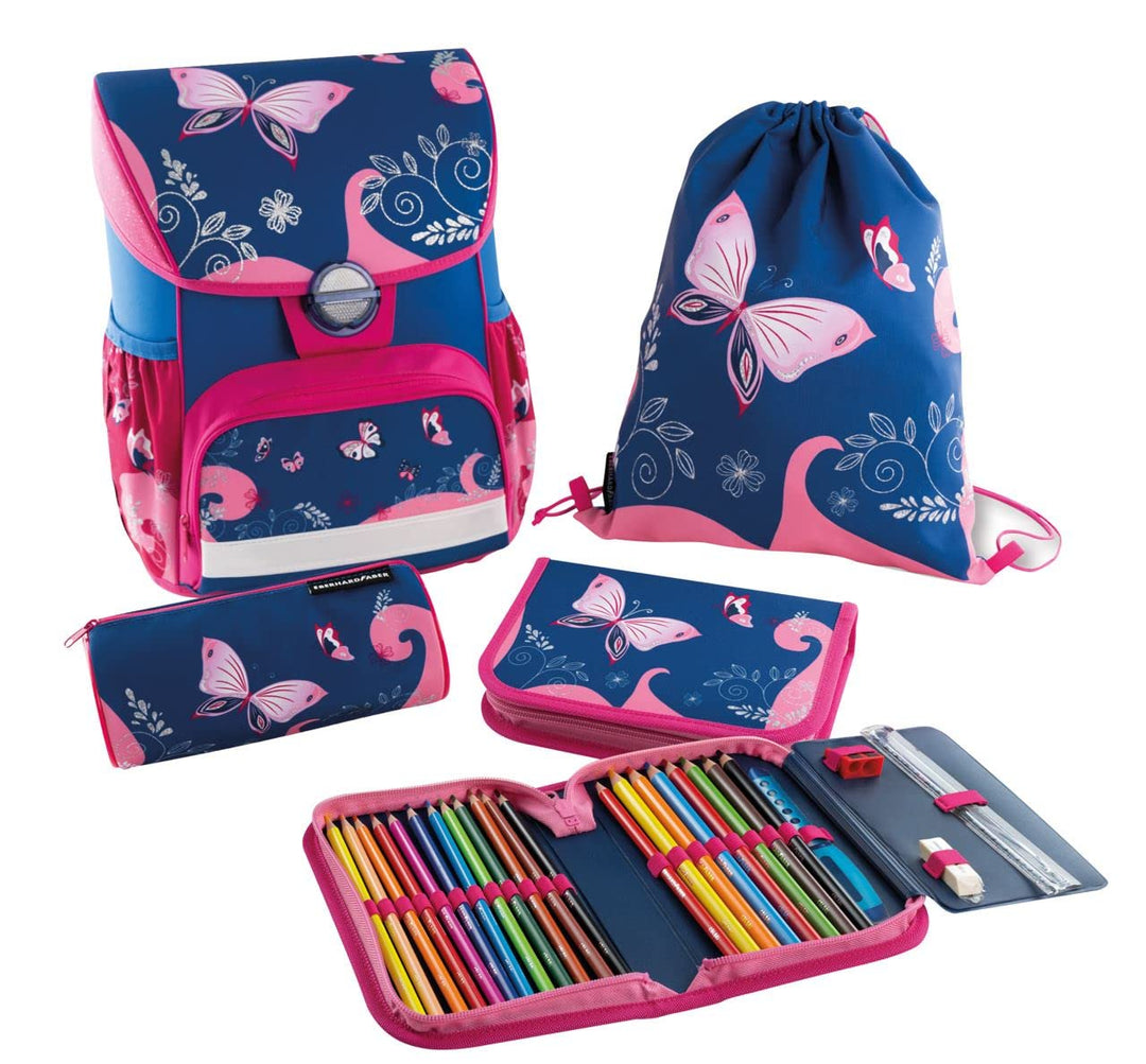 Eberhard Faber 577650 - EFAlino Schulranzen-Set Schmetterling, 4 teilig mit gefülltem Schüler-Etui,