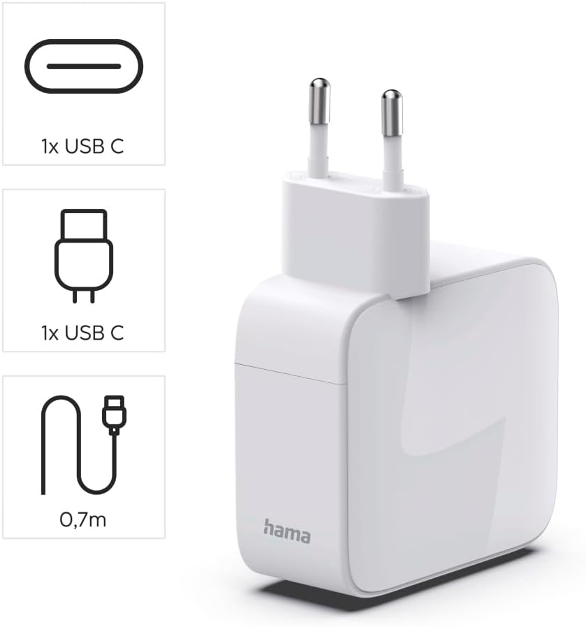 Hama GaN-Schnellladegerät, 30 W, 2X USB-C, ausziehbares USB-C-Kabel, Power Delivery, PD, USB-C-Ladeg