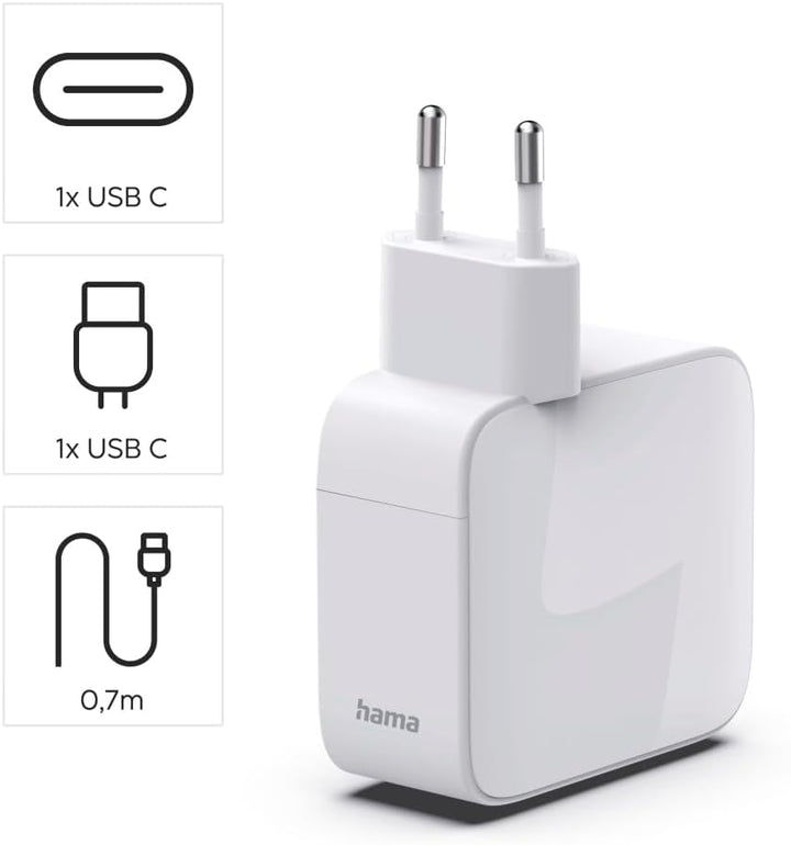 Hama GaN-Schnellladegerät, 30 W, 2X USB-C, ausziehbares USB-C-Kabel, Power Delivery, PD, USB-C-Ladeg
