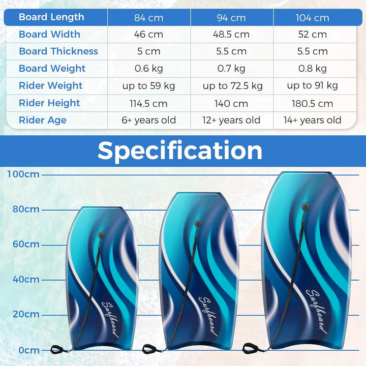 HOMASIS Leichtes Surfbrett, Bodyboard mit XPE-Brücke, Wellenbrett aus EPS-Schaumkern, Halbmond-Basis