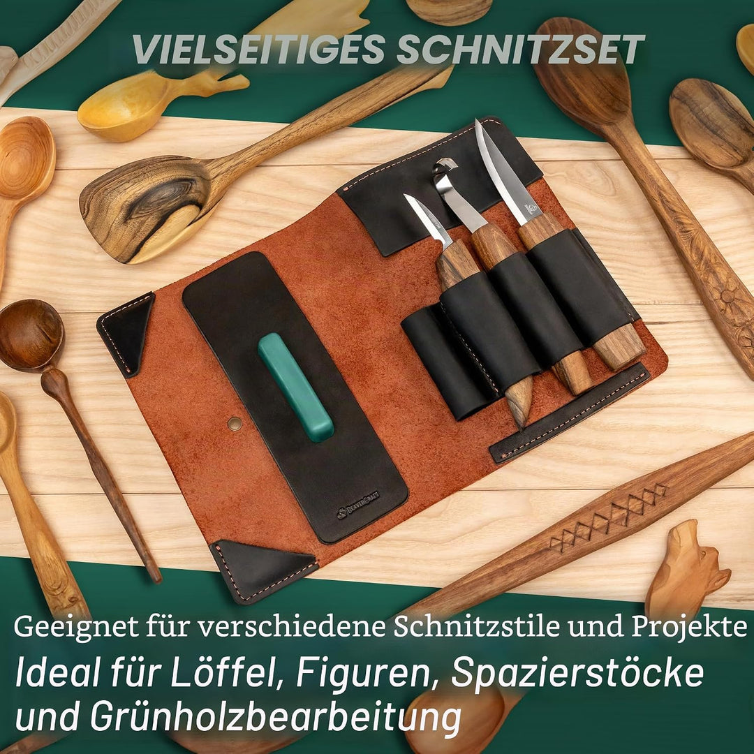 BeaverCraft Deluxe S13X Holzschnitzmesser-Set zum Holzschnitzen 3 Messer in einer Ledertasche mit Po