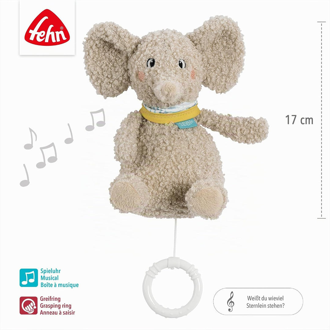 Fehn Mini-Spieluhr Elefant Erik – Kuscheltier & Einschlafhilfe für Babys | Aufzieh-Spieluhr mit sanf