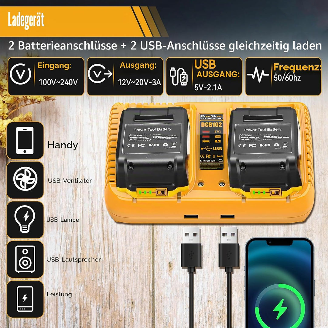 Batterieladegerät Ersatz kompatibel mit Dewalt 12V/20V Akku, 2-Ports Schnellladegerät kompatibel mit