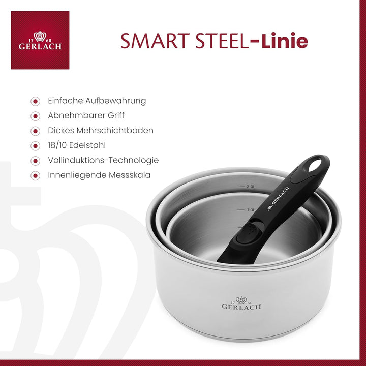 Gerlach Smart Steel Topf-Set Edelstahl Abnehmbarer Griff Kochtopf-Set Induktion Induktionstöpfe-Set