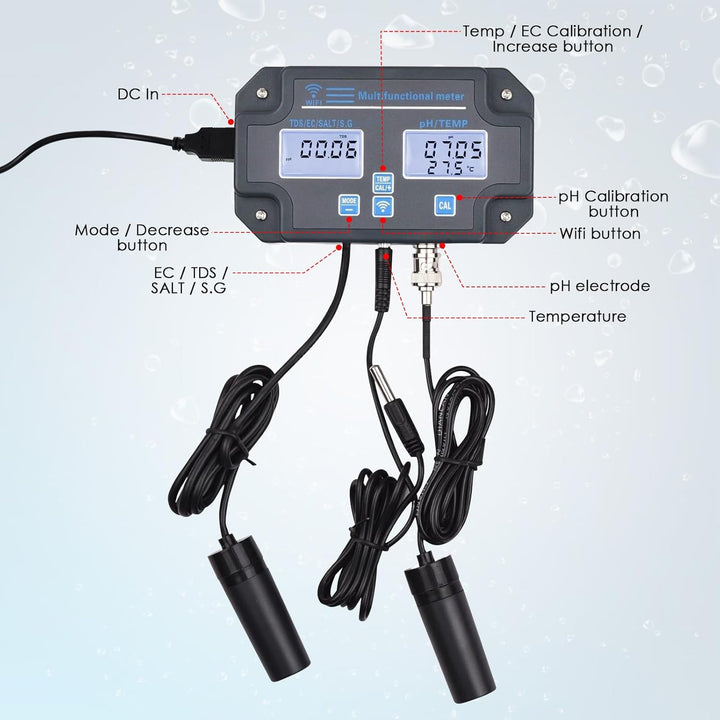 DANOPLUS Smart Water Quality Tester, 24 Stunden drahtlose App-Überwachung von pH EC TDS Salzgehalt S