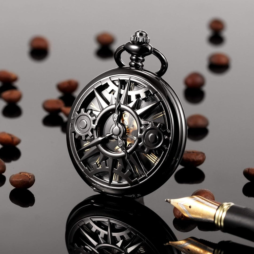 TREEWETO Unisex Taschenuhr mit Kette Analog Handaufzug Doppelscharnier Mechanisch Getriebe Skelett F