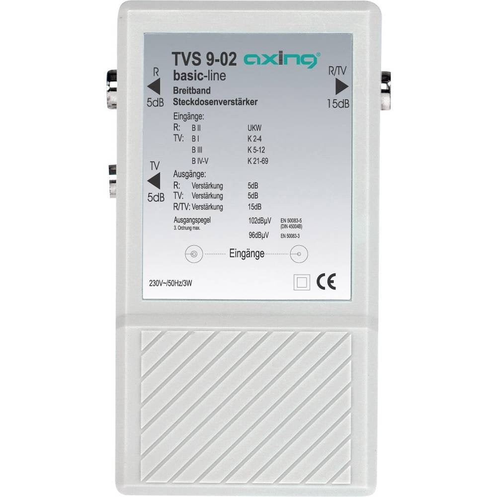 Axing TVS 9-02 Breitband-Steckdosen-Verstärker (2 x 5 dB, 1 x 15 dB) TV-Antennenverstärker Kabelfern