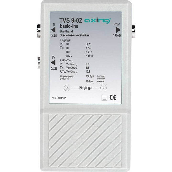 Axing TVS 9-02 Breitband-Steckdosen-Verstärker (2 x 5 dB, 1 x 15 dB) TV-Antennenverstärker Kabelfern