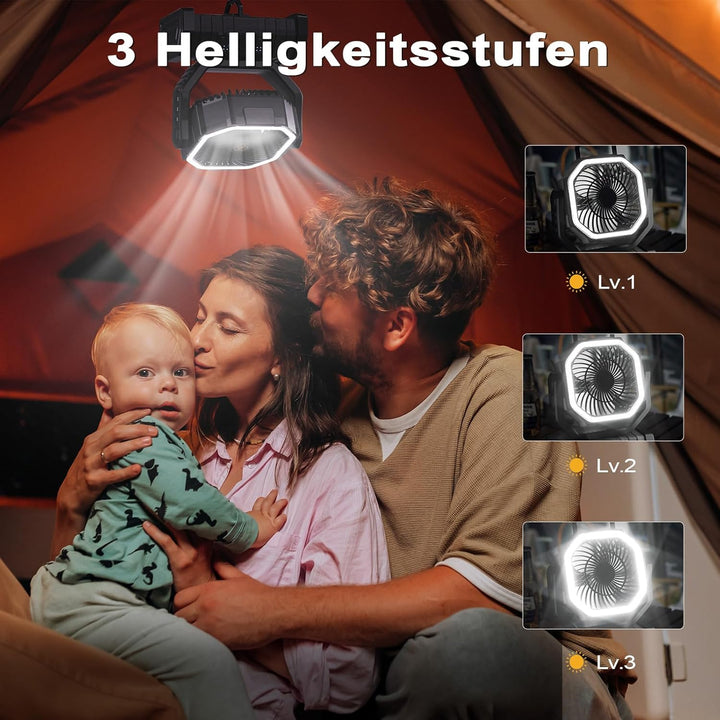 Camping Ventilator mit Akku 20000mAh – USB Tischventilator wiederaufladbar mit LED Licht, Fernbedien