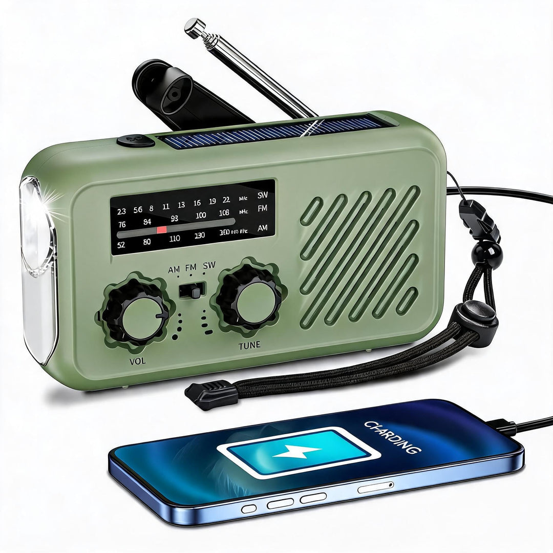 Notfall Radio, 3-Wege-Ladung (Solar, Kurbel, USB-C) Powerbank, 2000mAh Akku, AM/FM Radio, SOS, LED-T