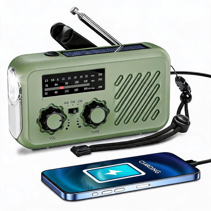 Notfall Radio, 3-Wege-Ladung (Solar, Kurbel, USB-C) Powerbank, 2000mAh Akku, AM/FM Radio, SOS, LED-T