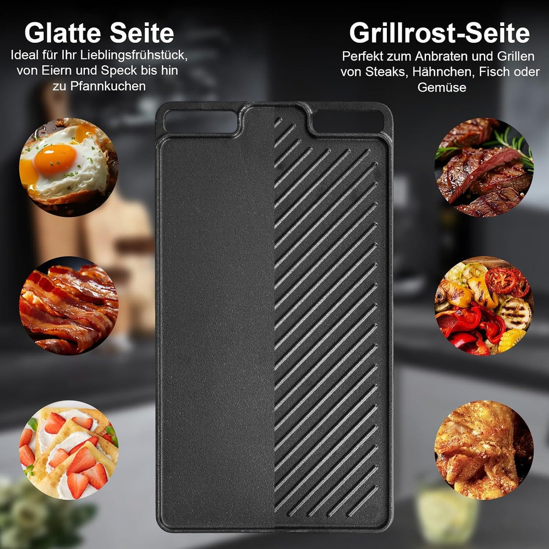 Gusseisen Grillpfanne Set 2-teilig, Vorgewürzte Grillplatte für BBQ