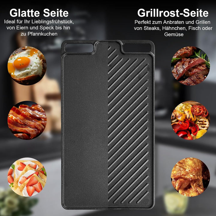 Gusseisen Grillpfanne Set 2-teilig, Vorgewürzte Grillplatte für BBQ