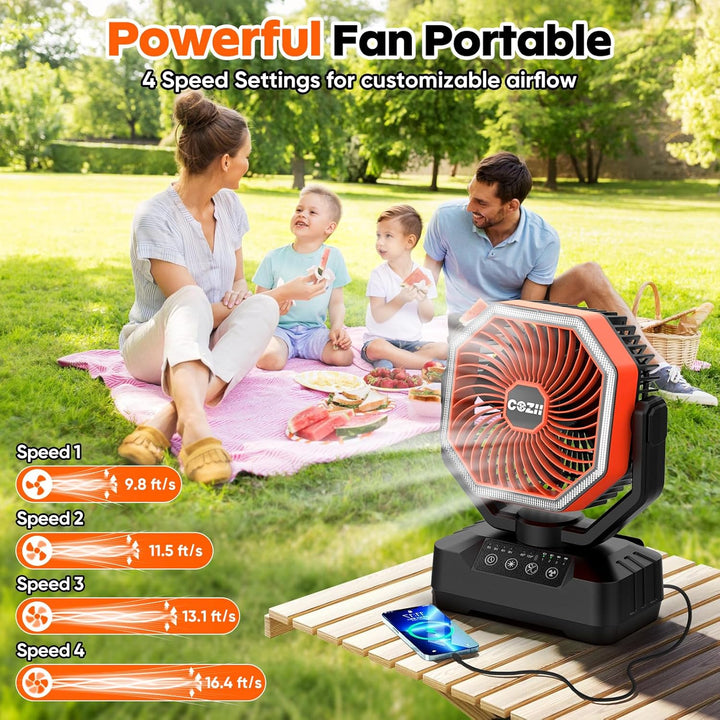 COZII Camping Ventilator 20000mAh, USB Ventilator Akku Tischventilator Oszillierend mit LED Licht, F