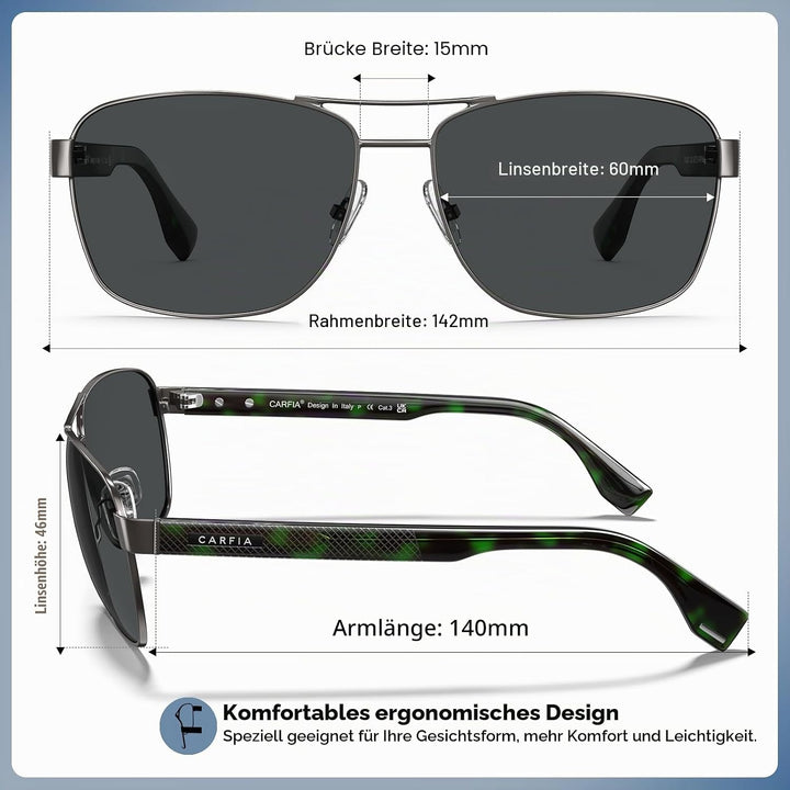 CARFIA Pilotenbrille Sonnenbrille Herren UV400 polarisierte Sportbrille mit ultraleichtem Metallrahm