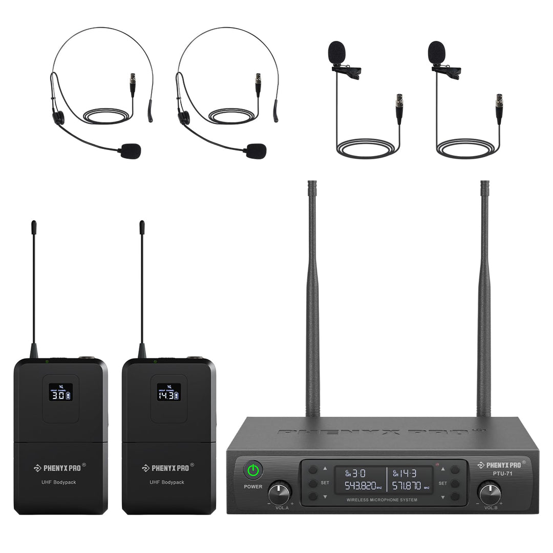 Phenyx Pro Kabelloses UHF-Mikrofonsystem, Auto-Scan-Mikrofon-Set mit 2 x 100 Frequenzen, 2 Bodypacks
