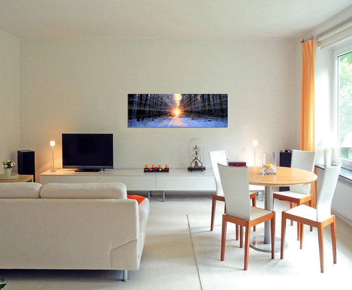 Paul Sinus Art Panoramabild auf Leinwand und Keilrahmen 150x50cm Wald Bäume Winter Schnee Sonnenaufg