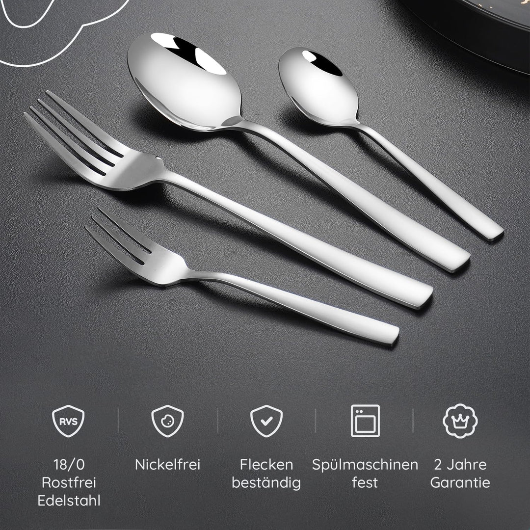 Besteckset 12 Personen, 72-teilig, Edelstahl 18/0 Silber, spülmaschinenfest und rostfrei, Tafelbeste