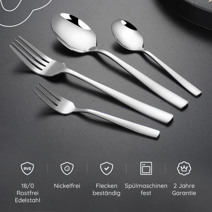Besteckset 12 Personen, 72-teilig, Edelstahl 18/0 Silber, spülmaschinenfest und rostfrei, Tafelbeste