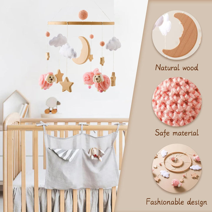 Herfair Mobile Baby Bettglocke mit Sterne Mond Schafe Hölz Mädchen Hängende Mobile Windspiel für Bab