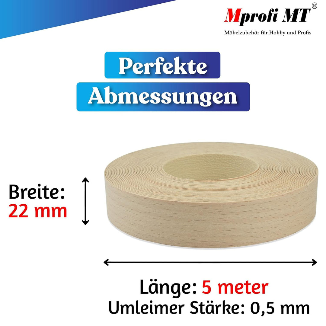 Mprofi MT® Kantenumleimer Buche | 22 mm x 5 m | Echtholz Furnier Kantenband | Bügelkantenumleimer fü