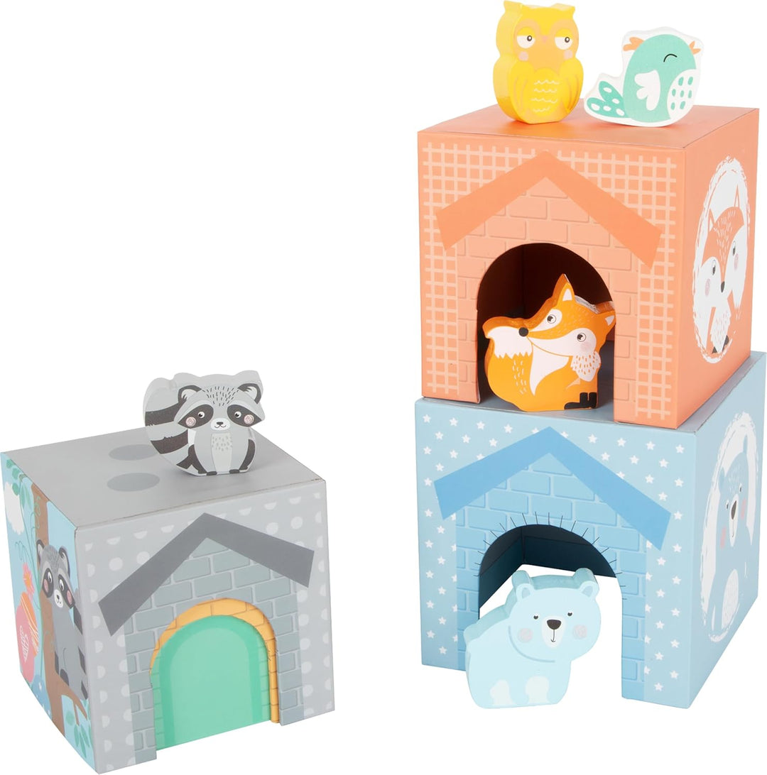 Small Foot Stapelwürfel Pastell aus Pappe mit Tierfiguren aus Holz, Stapelturm für Kleinkinder ab 12