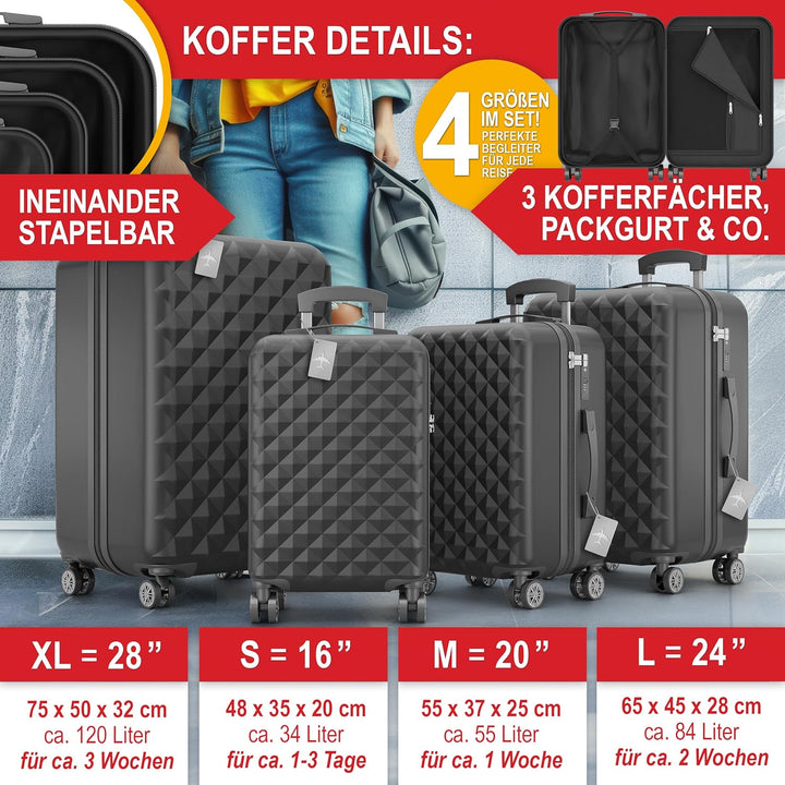 Onbest Premium Kofferset 4-TLG. – Hartschalenkoffer mit TSA-Lock, USB-Anschluss – 1x Kofferwaage, 2X